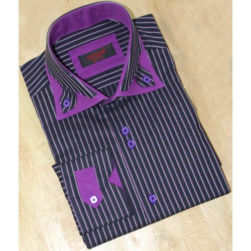 Axxess Black / Purple / White Stripes With Tabbed Collar Tabbed Cuffs 100% Cotton Dress Shirt